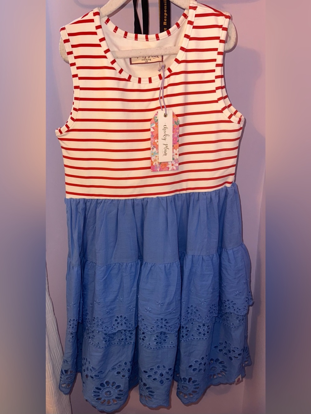 cheeky plum Red & White Striped Bodice with Blue Eyelet Tiered Dress